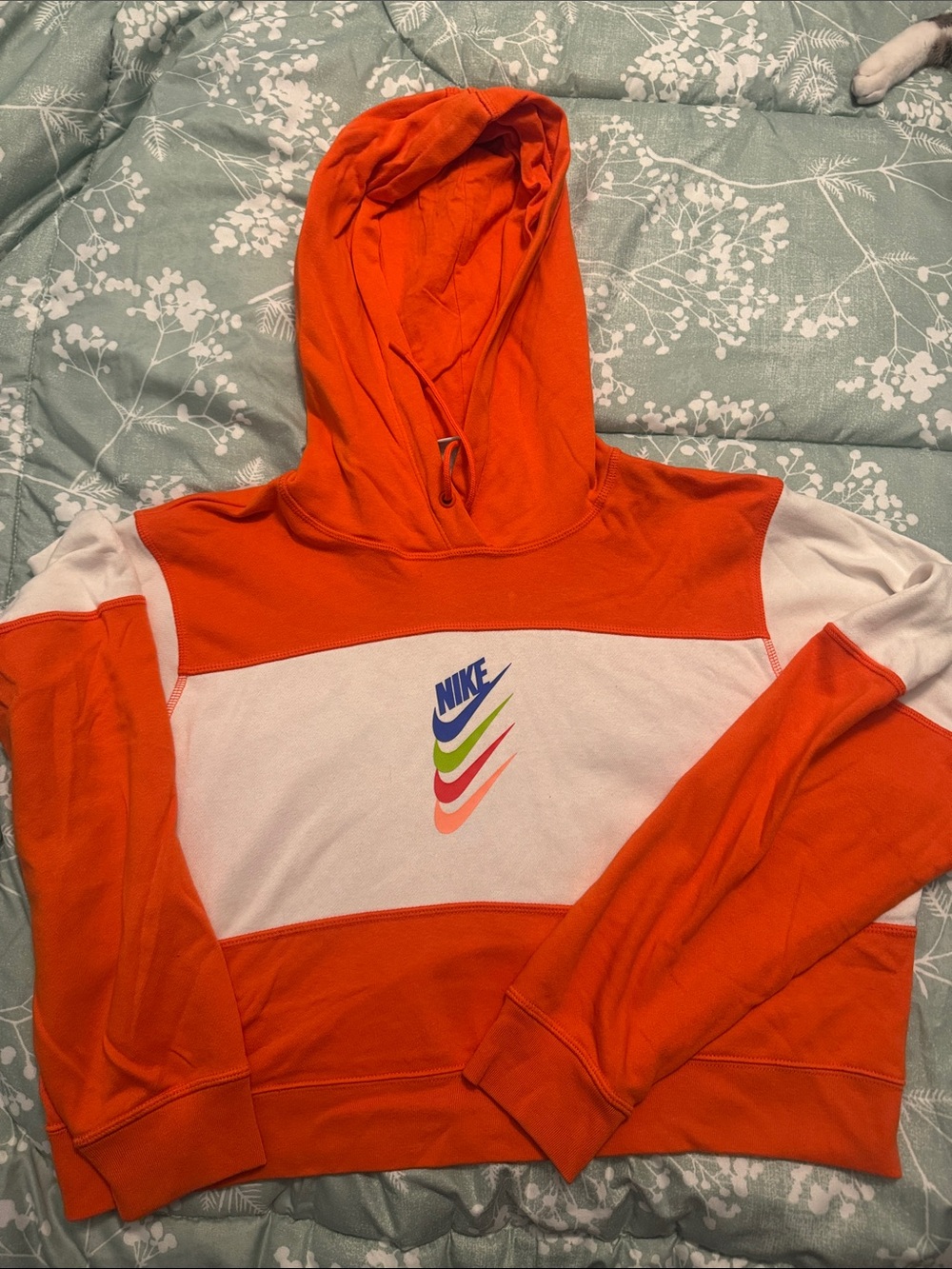 Nike Orange and White Panel Hooded Pullover with Multicolor Swooshes